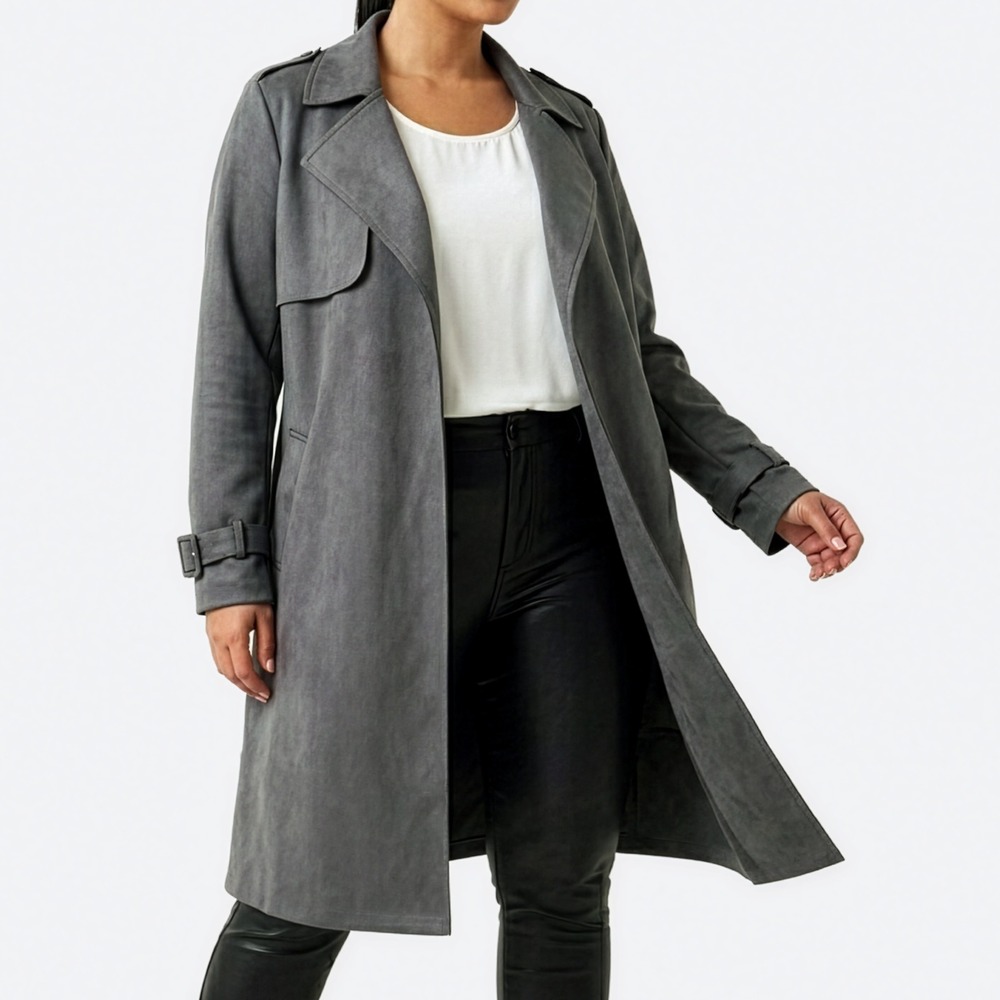 Love For Humanity Faux Suede Trench Coat Steel Grey Open Front L 0X Quiet Luxury